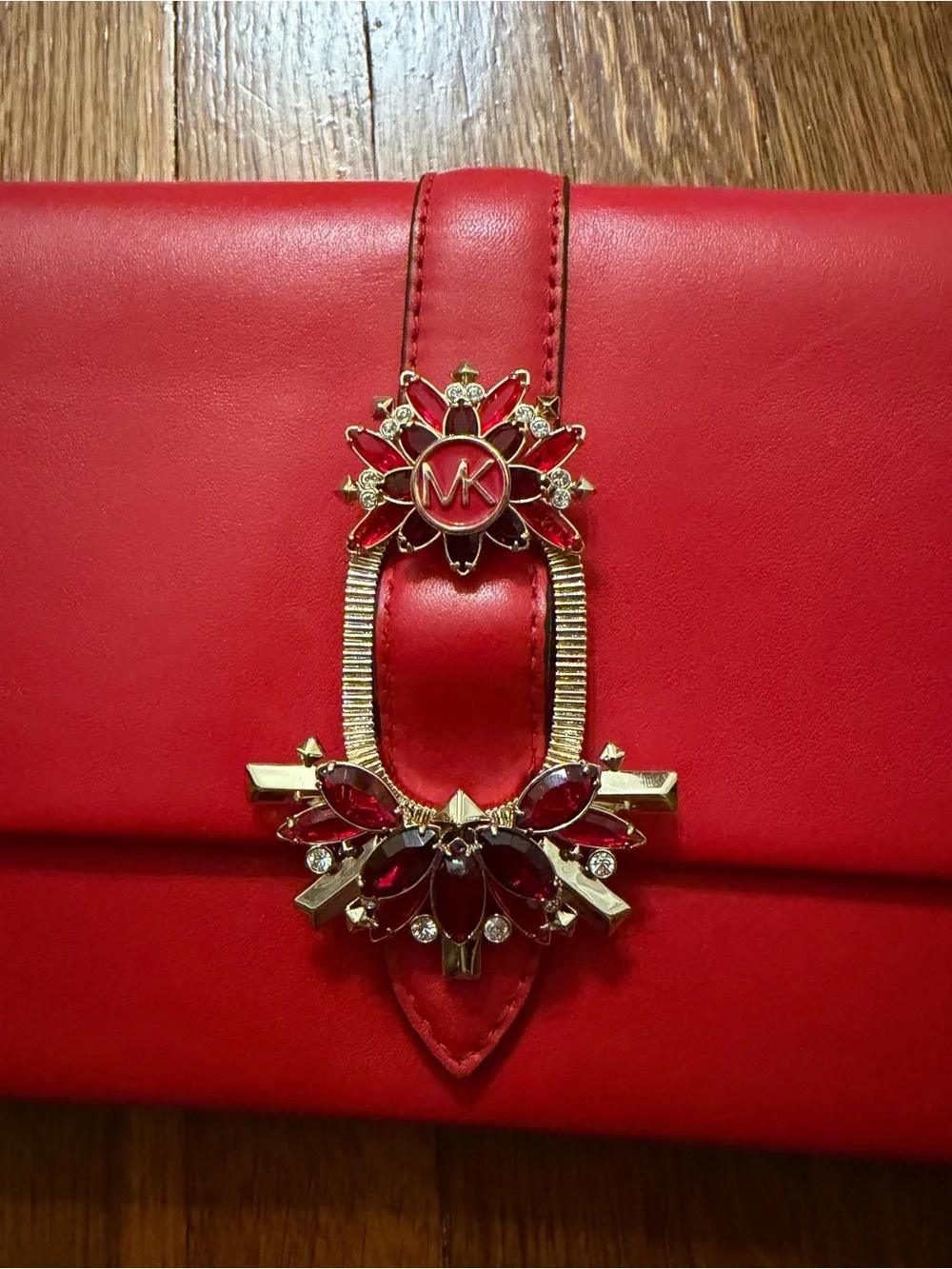 Michael Kors Red Leather Crossbody with Gold Chain and Jewel Accent